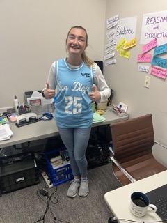 Ms. Mcquaid: I’m wearing this jersey because I want to rep my college University of San Diego and I got this jersey for free at a basketball game.”