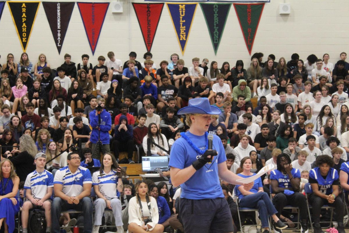 Senior Justin Dean MCs at the 2024 Homecoming Pep Rally.