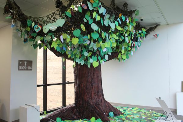 Along with the unveiling of the Grandview Art Show was the ginormous paper tree at the end of the upstairs 100s hallway. With hundreds of student made leaves, the tree emphasizes Grandview’s student community and the extensive work show of the art program.